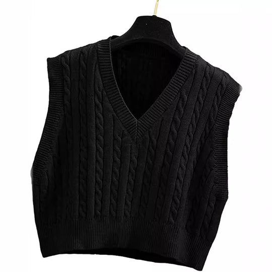 Damen Gestrickte ärmellose Zopfmuster-Pulloverweste mit V-Ausschnitt Shop Nory