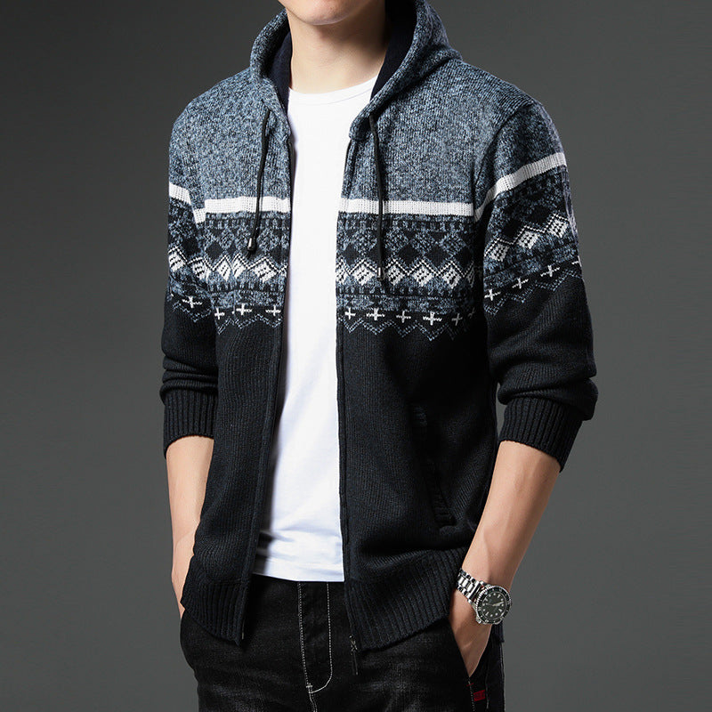 Herren Strick-Zip-Hoodie mit Norwegermuster, Kapuze und Eingrifftaschen Shop Nory