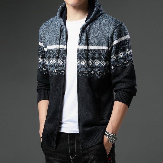 Herren Strick-Zip-Hoodie mit Norwegermuster, Kapuze und Eingrifftaschen Shop Nory