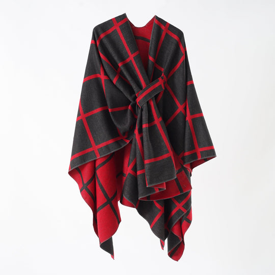 Damen Oversize Wollmix Poncho mit Gürtel und Karomuster Shop Nory