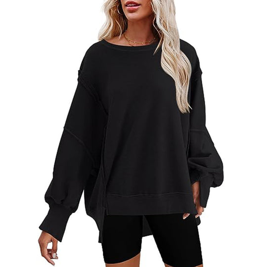 Damen Oversized Sweatshirt mit Ballonärmeln, seitlichen Schlitzen und offenen Kanten Shop Nory