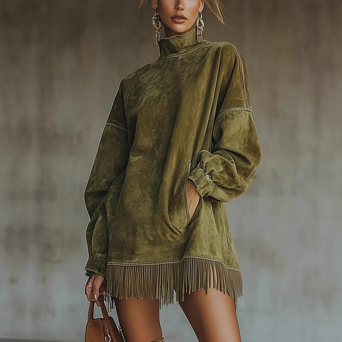 Damen nan oversized Wildlederoptik Tunika mit Stehkragen und Fransen Shop Nory