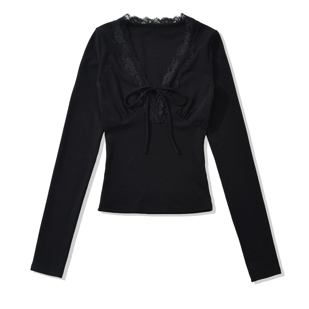 Damen Langarm-Shirt mit Spitzen-V-Ausschnitt und Bindeband Shop Nory