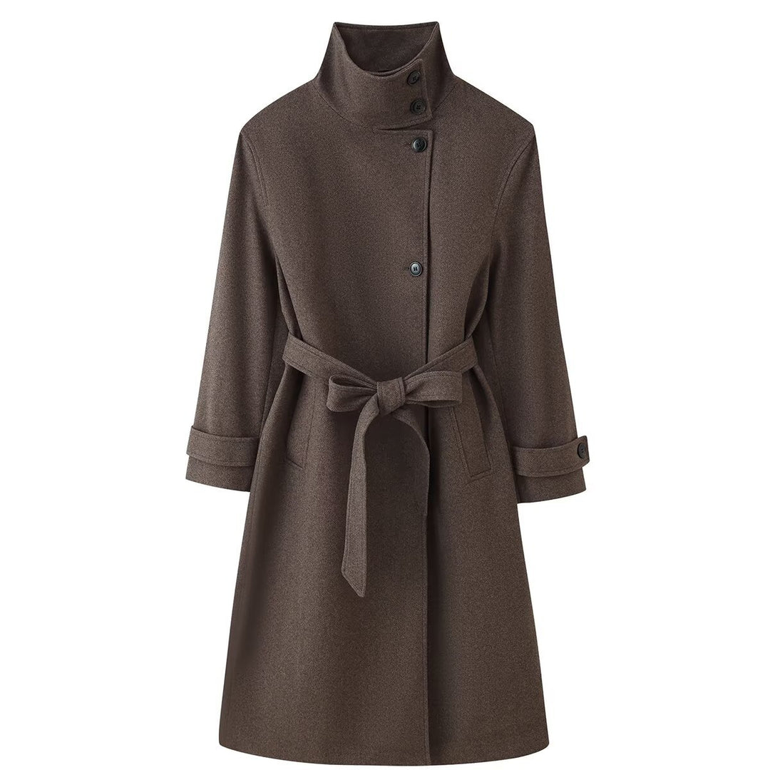 Damen Midilanger Wollmix-Mantel mit Stehkragen, asymmetrischer Knopfleiste und Taillengürtel Shop Nory