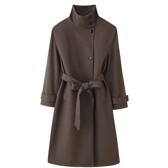 Damen Midilanger Wollmix-Mantel mit Stehkragen, asymmetrischer Knopfleiste und Taillengürtel Shop Nory