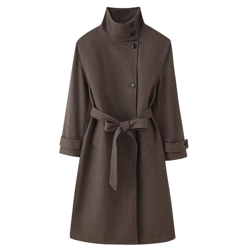 Damen Midilanger Wollmix-Mantel mit Stehkragen, asymmetrischer Knopfleiste und Taillengürtel Shop Nory