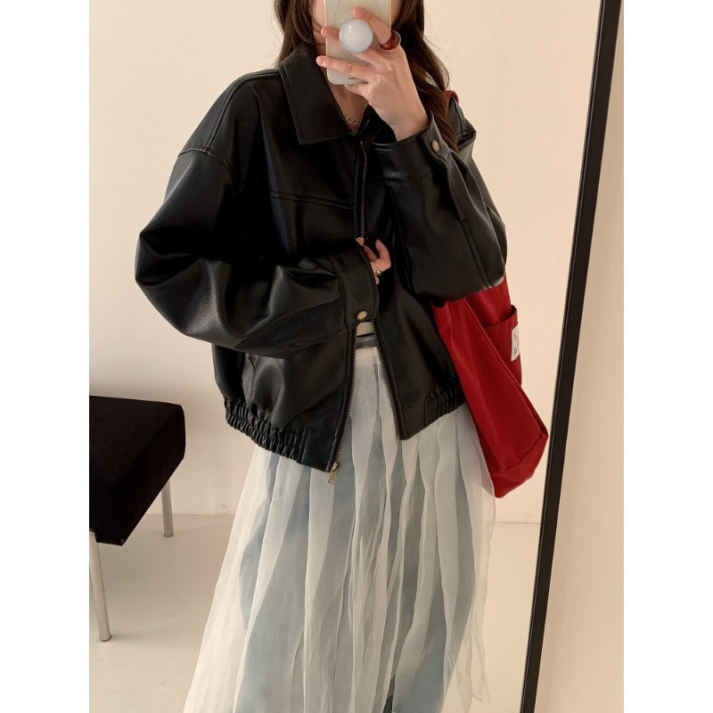 Damen Oversized Kunstleder Bomberjacke mit Reißverschluss Shop Nory