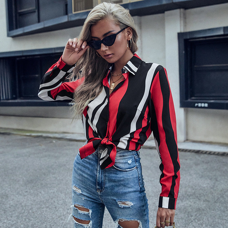 Damen Langarm-Hemdbluse mit Knotenfront, Hemdblusenkragen und vertikalen Streifen Shop Nory