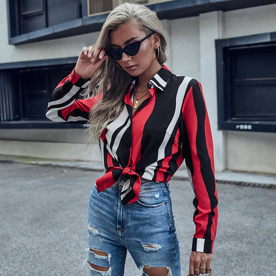 Damen Langarm-Hemdbluse mit Knotenfront, Hemdblusenkragen und vertikalen Streifen Shop Nory