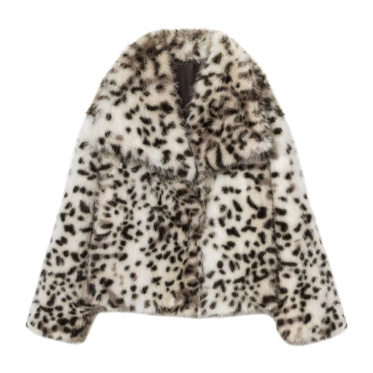 Damen Kurzjacke aus Kunstpelz im Snow-Leopard-Print mit weitem Revers Shop Nory
