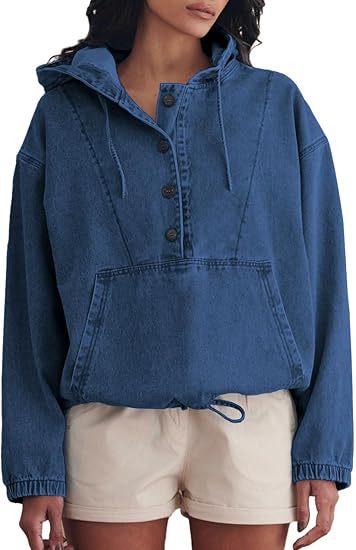 Damen Jeans-Halbanorak mit Kapuze, Kängurutasche und Tunnelzug Shop Nory