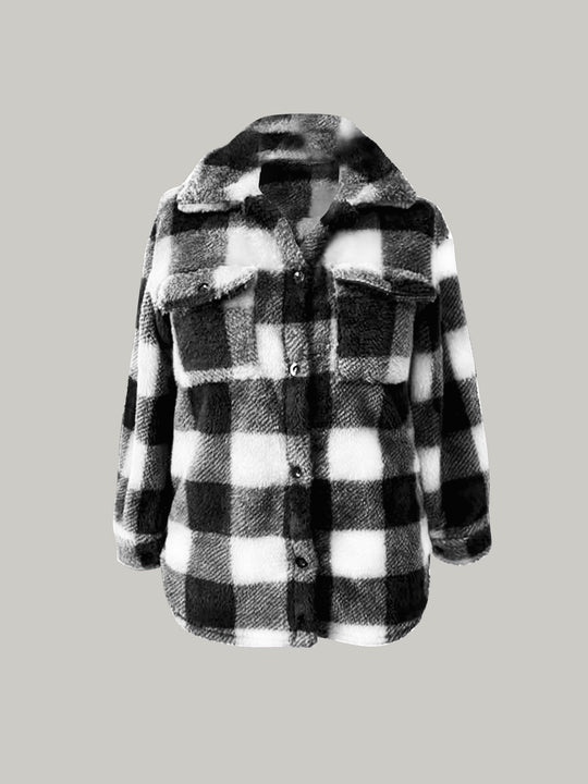 Damen Oversized Teddy-Hemdjacke mit Karomuster Shopy Nory
