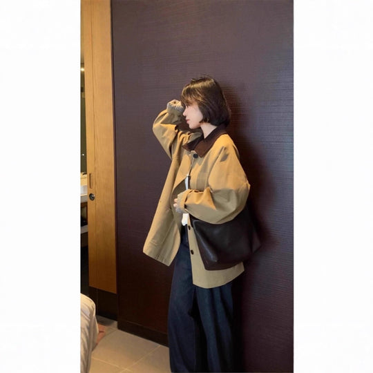 Damen Weite Kurzjacke im Caban-Stil mit Kontrastkragen Shop Nory