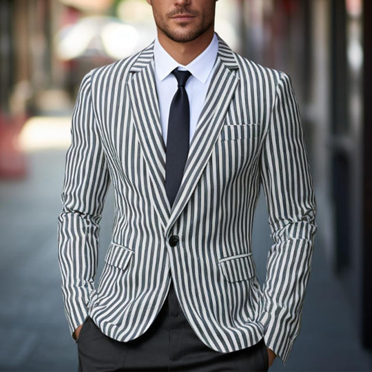 Herren gestreiftes Slim-Fit Sakko mit schmalem Revers und Single-Button Shop Nory