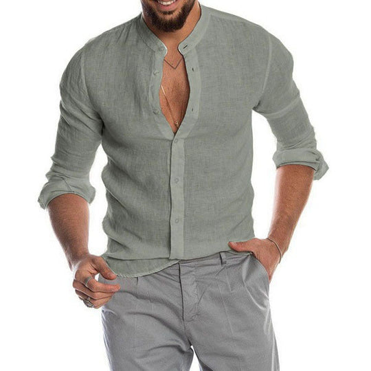 Herren nan Leinenhemd mit Stehkragen, durchgehender Knopfleiste und legerer Slim-Fit-Passform