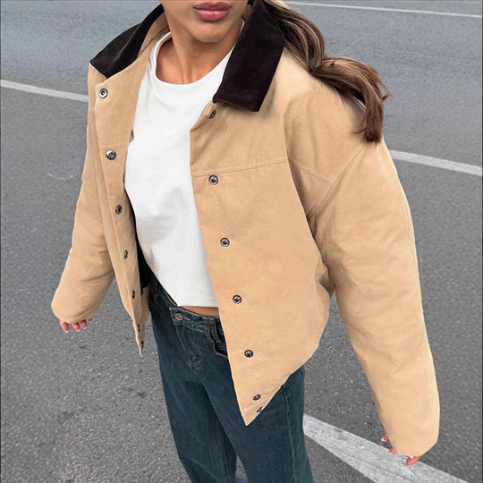 Damen Kurzer Cord-Workwear-Blouson mit Kontrastkragen Shop Nory
