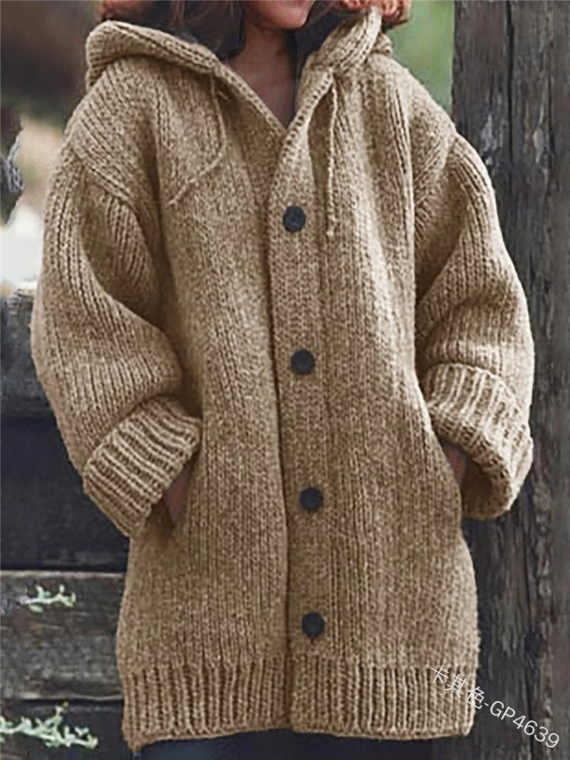 Damen weit geschnittener Kapuzen-Strickmantel mit Knopfleiste und Eingrifftaschen Shop Nory