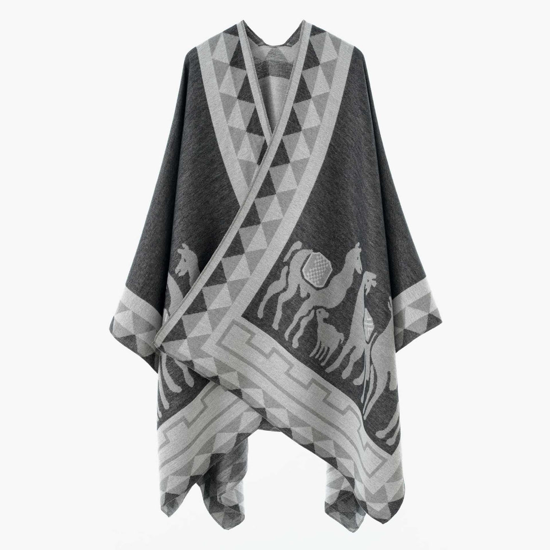 Damen Wolloptik-Poncho im Überwurfstil mit grafischem Reiter-Jacquard Shop Nory