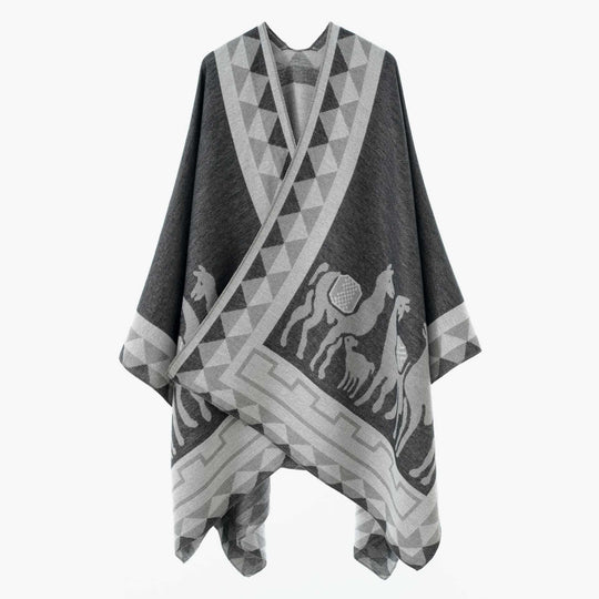 Damen Wolloptik-Poncho im Überwurfstil mit grafischem Reiter-Jacquard Shop Nory