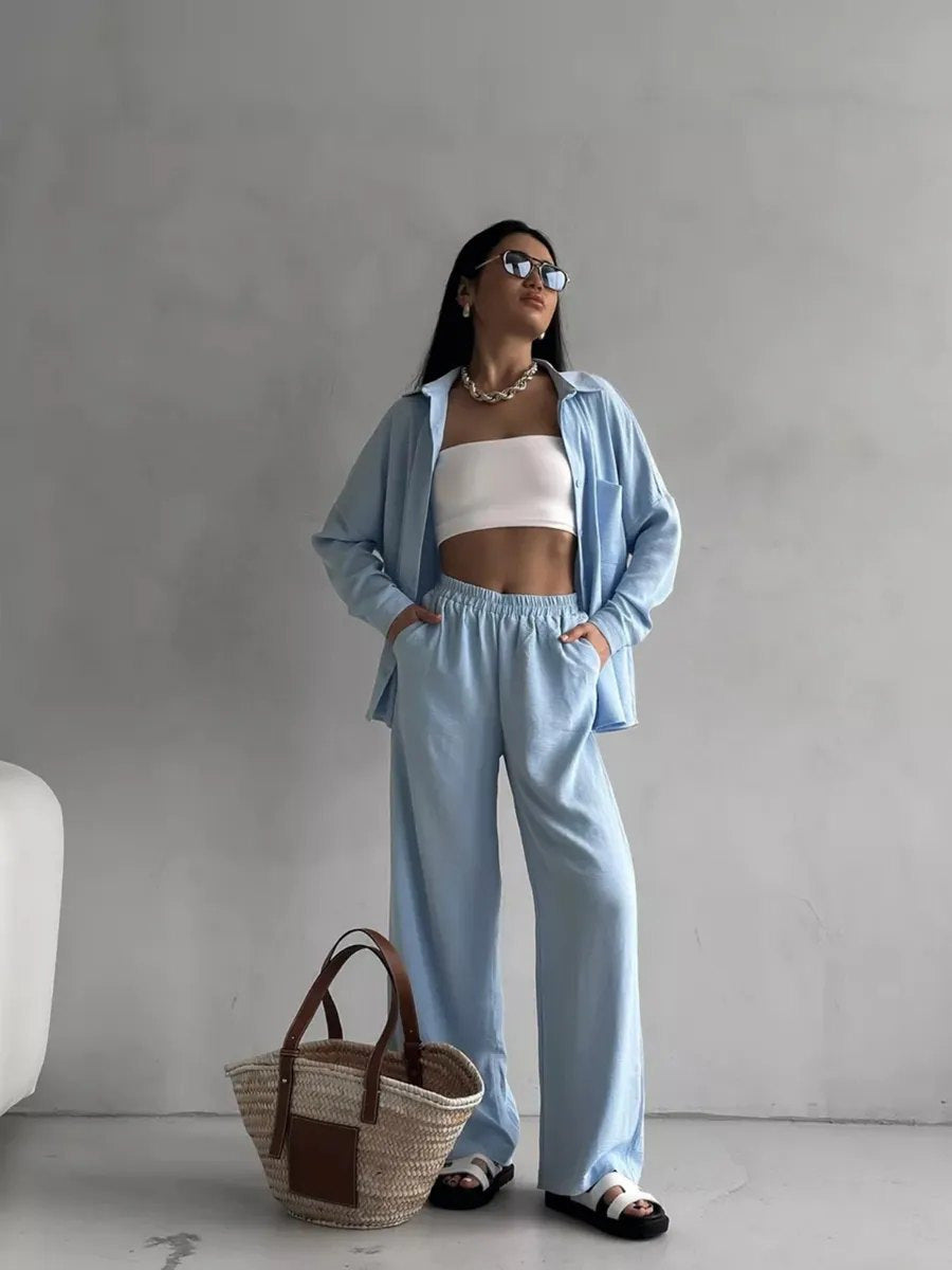 Damen Zweiteiliges Lounge-Set Oversize-Bluse mit Brusttasche und weiter Palazzo-Hose Shop Nory