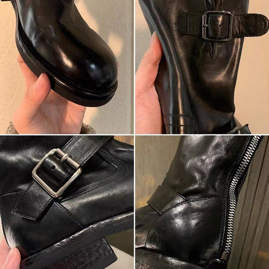 Damen Wadenhohe Biker‑Stiefel aus Glattleder mit Doppelgurt und Rückreißverschluss Shop Nory