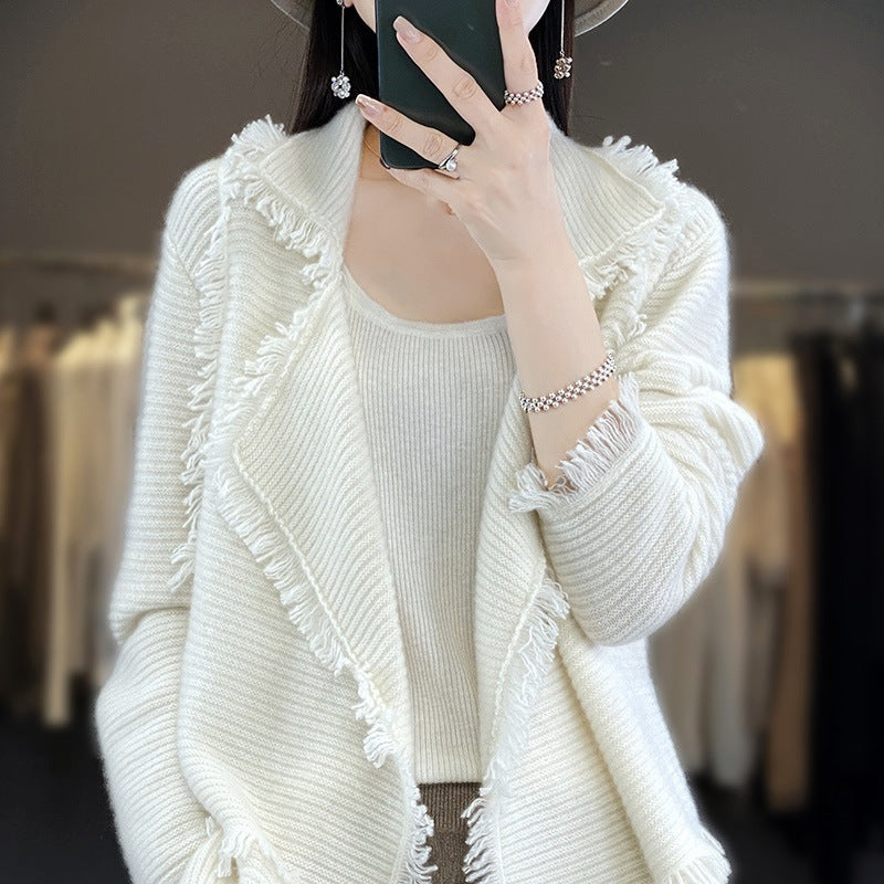 Damen Langer Fransen‑Strickcardigan mit großem Schalkragen und feiner Rippenstruktur Shop Nory
