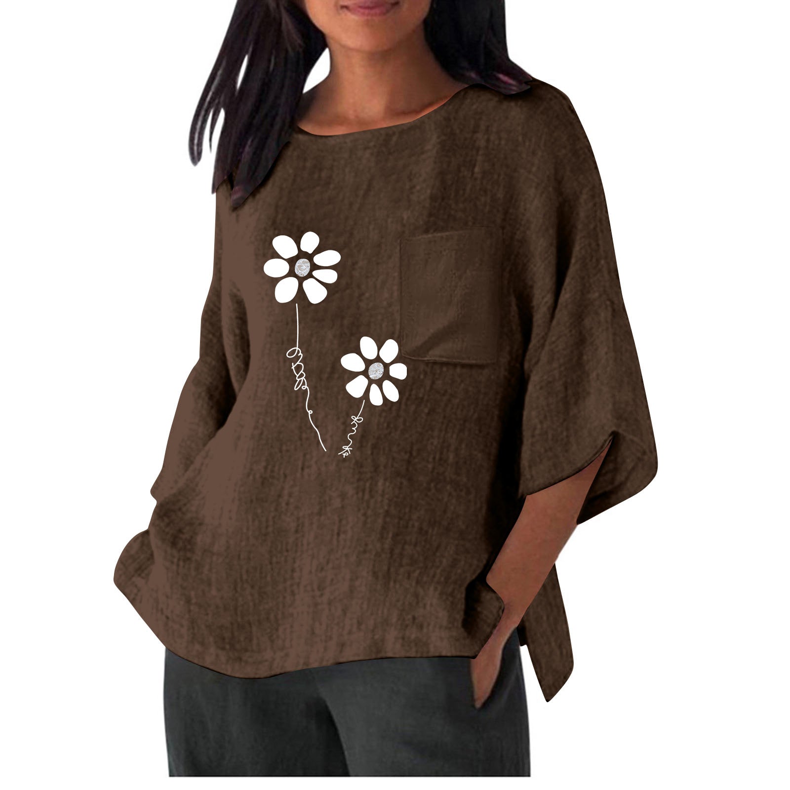 Damen lässiges Blusenshirt mit einzigartigem Blumenprint und praktischem Brusttaschen Shopnory