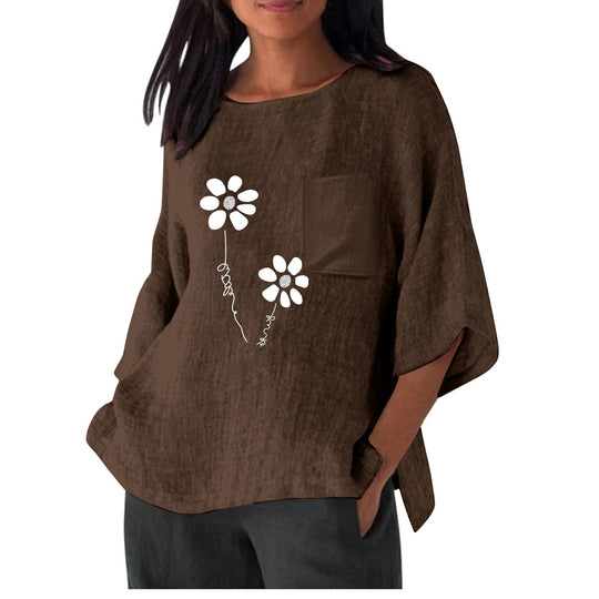 Damen lässiges Blusenshirt mit einzigartigem Blumenprint und praktischem Brusttaschen Shopnory