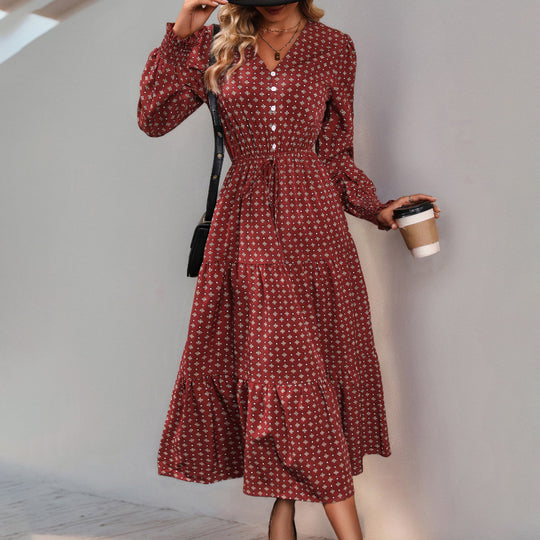 Damen Midikleid mit V-Ausschnitt, Smok-Taille, Stufensaum und floralem Allover-Print Shop Nory