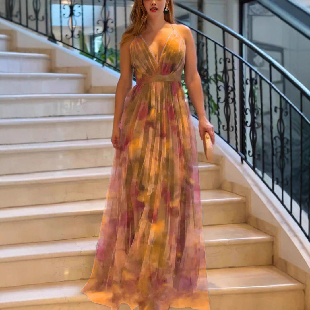 Damen Maxikleid mit tiefem V-Ausschnitt und fließendem Chiffon Shopnory