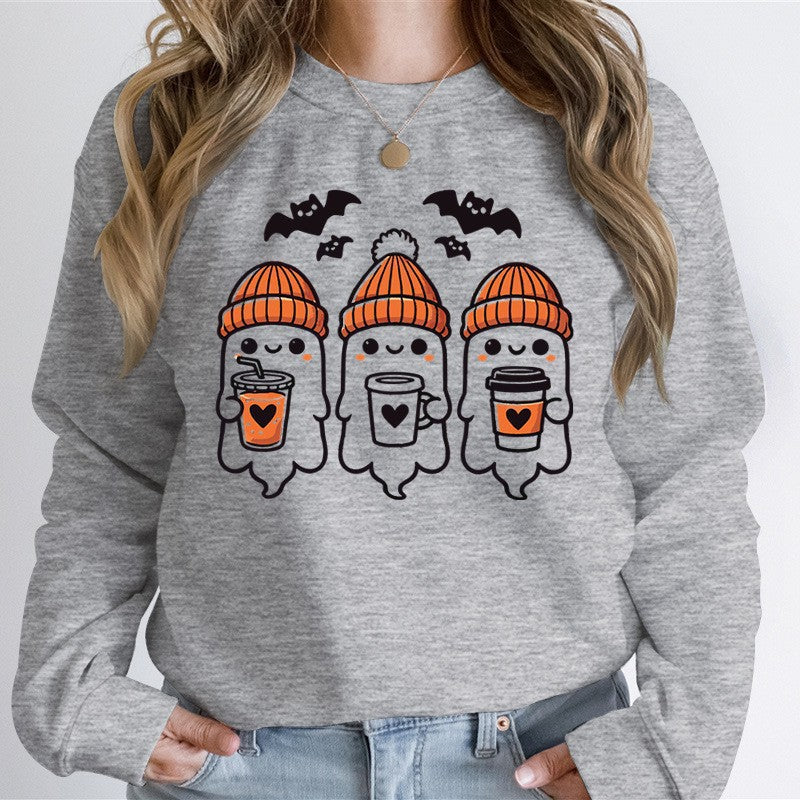 Damen gemütlicher Halloween Grafikpullover mit niedlichen Geist-Motiven, Rundhalsausschnitt und weichem Baumwollmix Shop Nory
