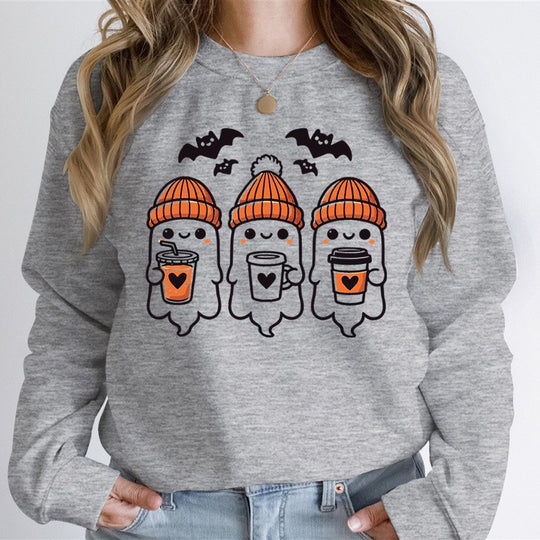 Damen gemütlicher Halloween Grafikpullover mit niedlichen Geist-Motiven, Rundhalsausschnitt und weichem Baumwollmix Shop Nory