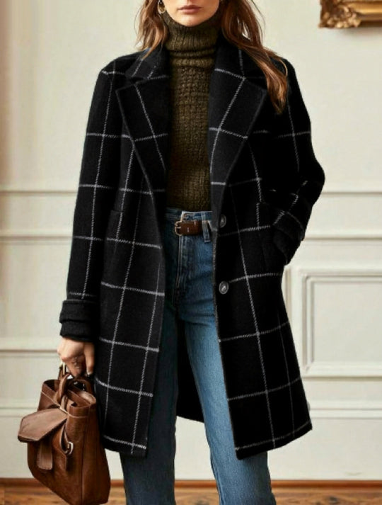 Damen nan karierter Wollmix Mantel mit Reverskragen, aufgesetzten Taschen und taillierter Silhouette Shop Nory
