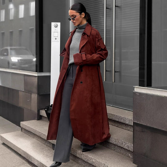 Damen langer Trenchcoat aus Veloursimitat mit doppelter Knopfleiste Shop Nory