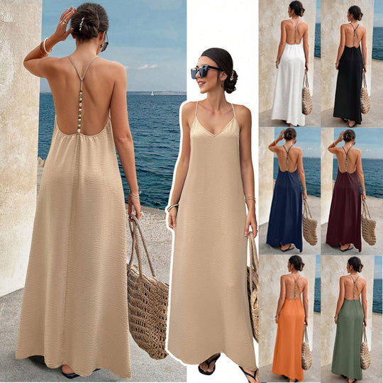 Damen Fließendes Maxikleid mit Spaghettiträgern, V-Ausschnitt und sommerlicher Leinenoptik Shop Nory