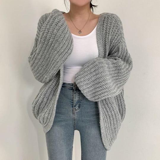 Damen grob gestrickte Oversized Cardigan mit tiefem V-Ausschnitt