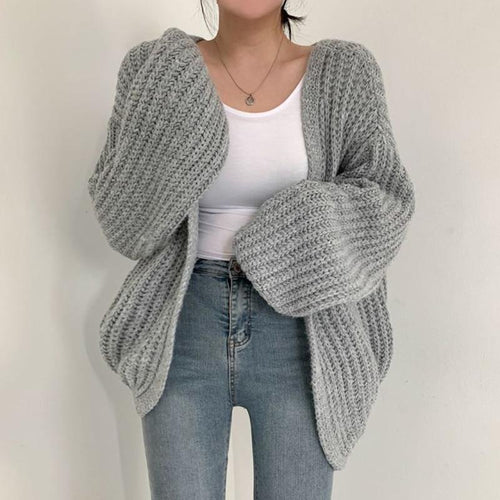 Damen grob gestrickte Oversized Cardigan mit tiefem V-Ausschnitt