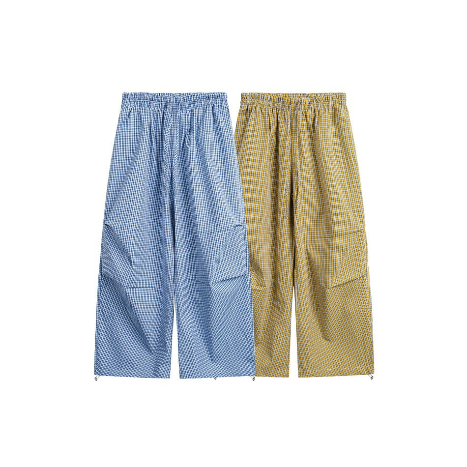 Damen Weite Baumwollhose mit elastischem Bund, Karomuster und verstellbarer Saumkordel Shop Nory