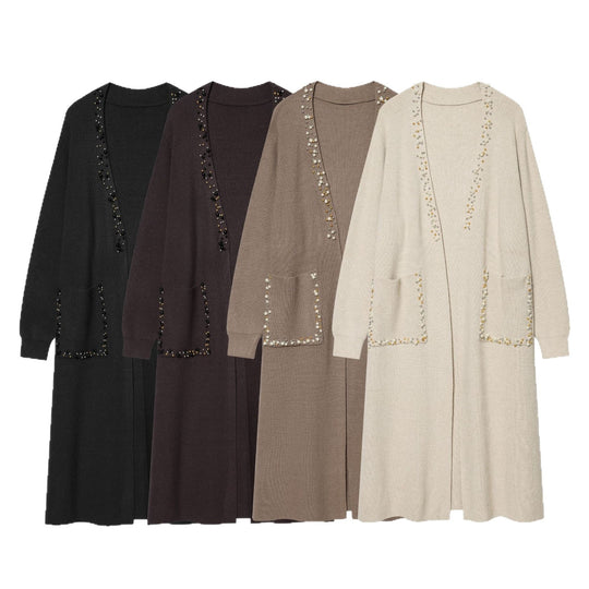 Damen lange offene Strickjacke mit Perlenbesatz und aufgesetzten Taschen Shop Nory