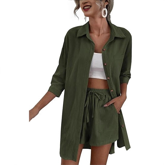 Damen Leichtes Longline-Hemdjacken-Set mit elastischer High-Waist-Shorts Shop Nory