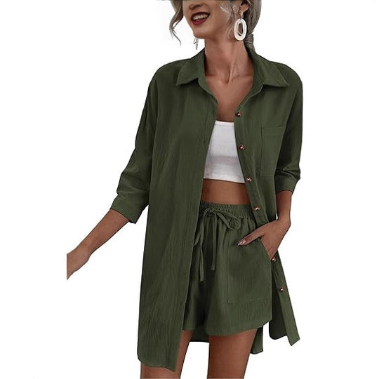 Damen Leichtes Longline-Hemdjacken-Set mit elastischer High-Waist-Shorts Shop Nory