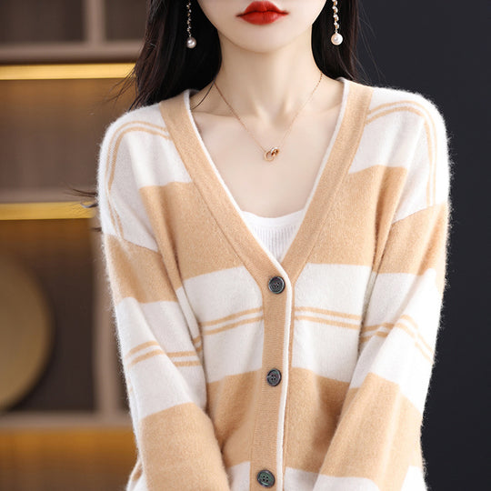 Damen Midilanger Feinstrick-Cardigan mit breiten Blockstreifen, V-Ausschnitt und gerippten Bündchen Shop Nory