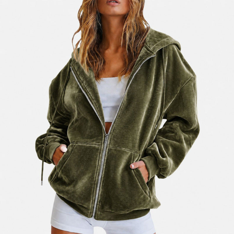 Damen Oversize Velours-Kapuzenjacke mit Reißverschluss Shop Nory