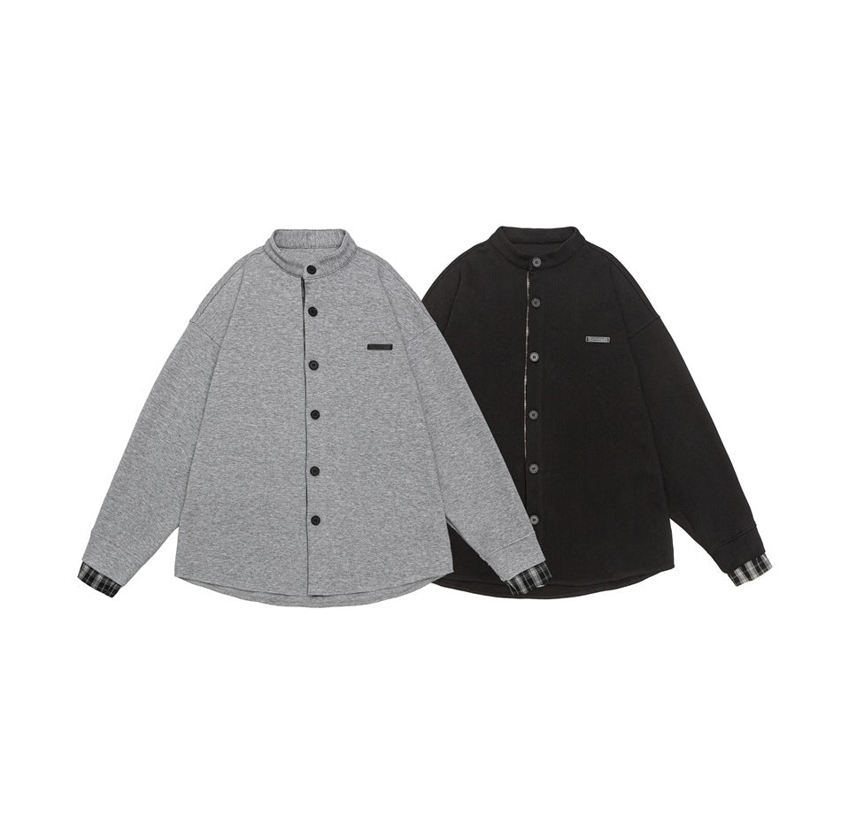 Unisex Oversize-Hemdjacke im Sweat-Overlay mit Stehkragen und karierter Innenmanschette Shop Nory