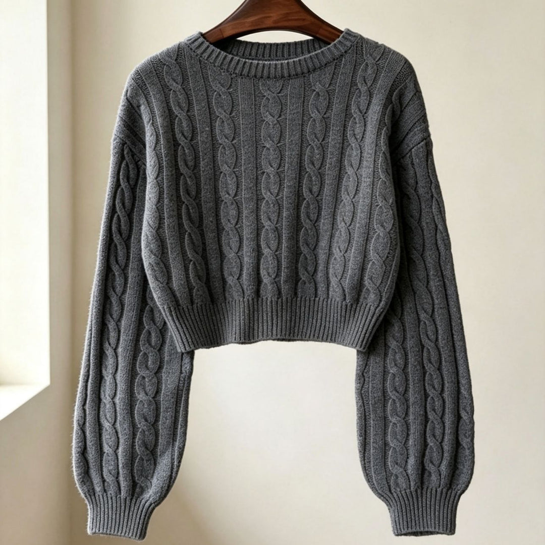 Damen Cropped Zopfmuster-Strickpullover mit kastiger Silhouette und Ballonärmeln Shop Nory