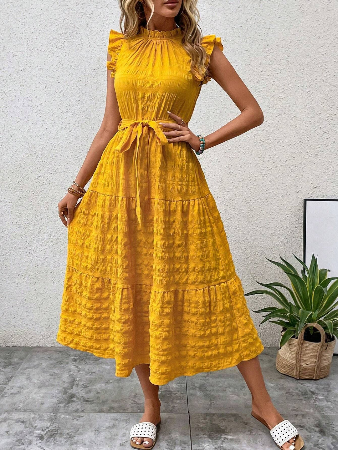 Damen Midikleid mit Stehkragen, Rüschenärmeln und Taillengürtel Shop Nory