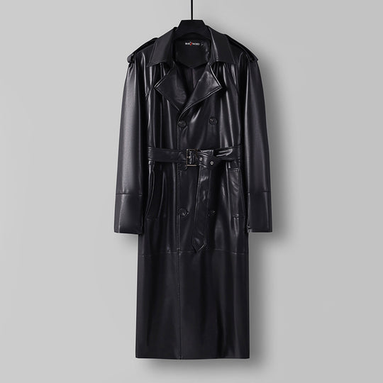 Herren Langer Kunstleder-Trenchcoat mit Doppelreiher, Taillengürtel und Schulterklappen Shop Nory
