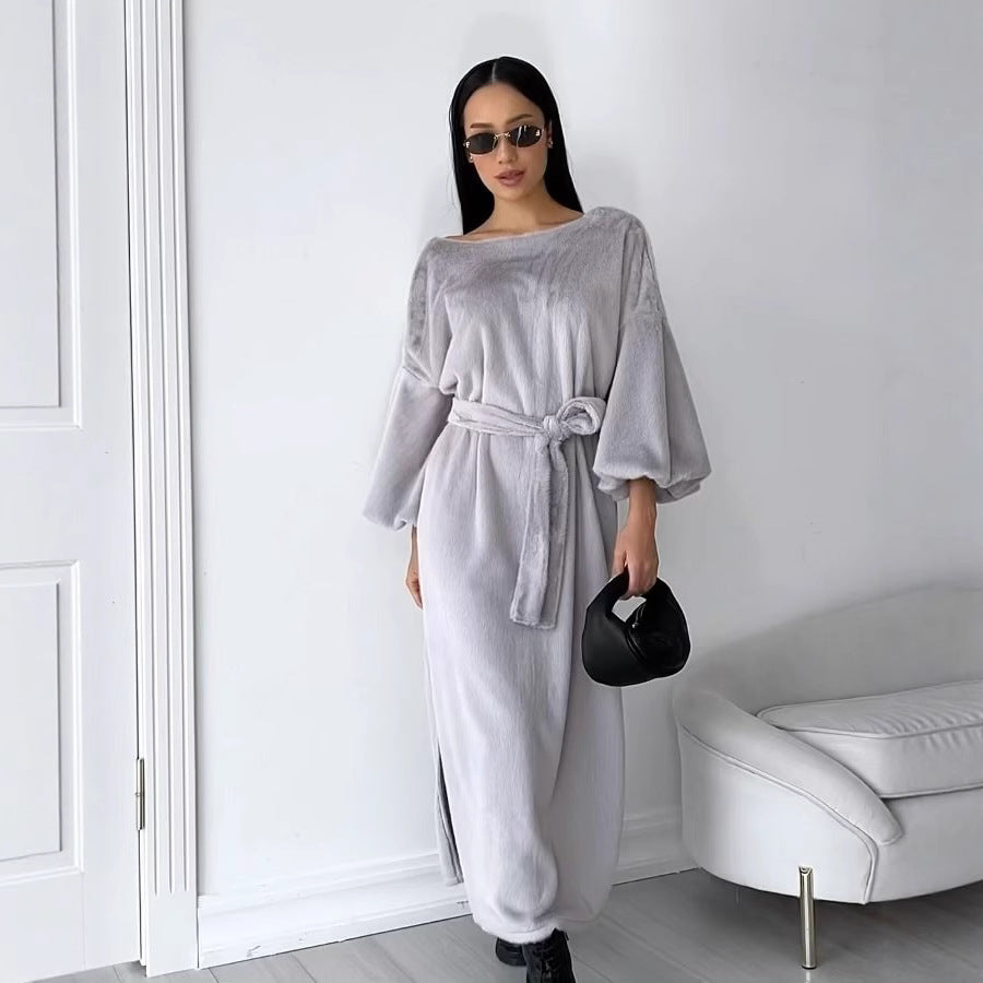 Damen Kuschel-Midikleid mit Bindegürtel und Ballonärmeln Shop Nory