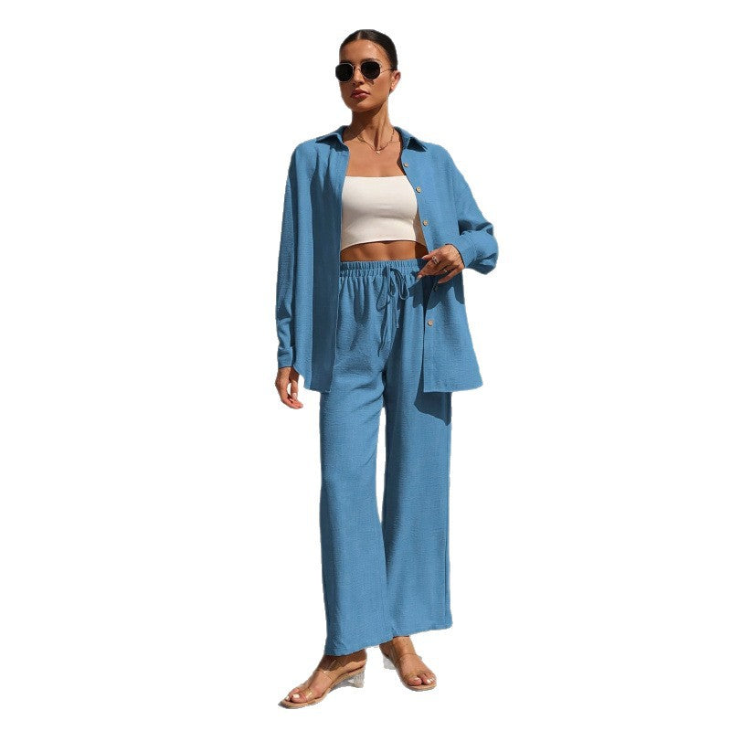 Damen Zweiteiliges Leinenoptik-Loungewear-Set mit Oversize-Hemd und weitem Komfort-Palazzo Shop Nory