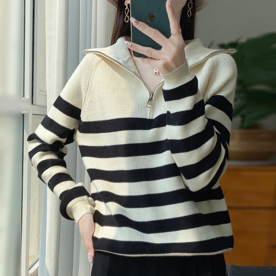 Damen Maritimer Troyer-Pullover aus feinem Rippstrick mit breiten Querstreifen Shop Nory